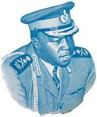 Idi Amin Dada portrait on Ugandan 5 shilling banknote isolated
