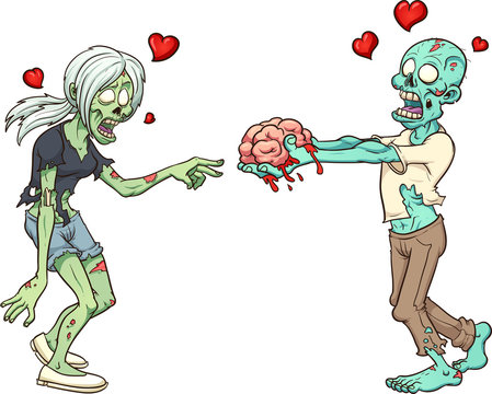 Male zombie in love giving female zombie a brain as a Valentine&rsquo;s gift. Vector clip art illustration with simple gradients. Some elements on separate layers.