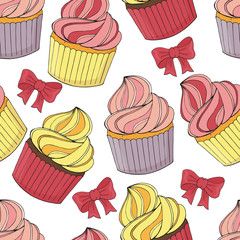 Seamless pattern of different desserts, cakes. Romantic endless texture. Hand drawn. Vector illustration.
