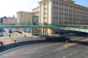 Fototapeta premium Rzeszow, Poland - October 07, 2013: Round glass pedestrian bridge over the road