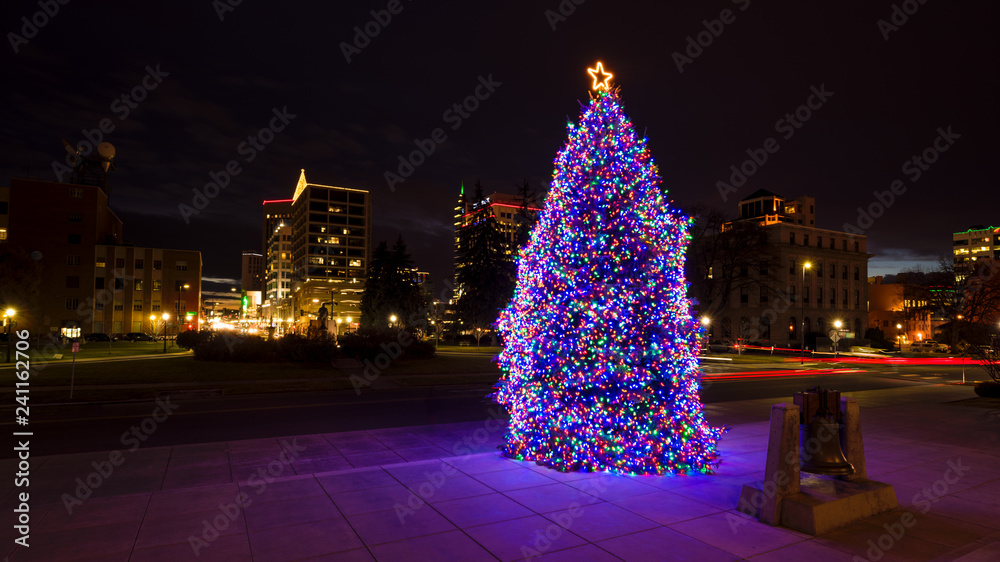 Wall mural huge christmas tree on the steps of the capital in idaho with some of the skyline