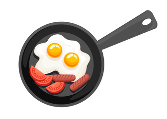 Frying pan, top view. Pan with fried egg, tomatoes and sausages. Flat vector illustration isolated on white background