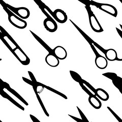 Black silhouette. Collection of different scissors models. Hand cutter tools, equipment shears for hair stylist,gardening, medical. Flat vector illustration seamless on white background