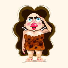 Primitive girl shows emotions. Stone age. Vector illustration