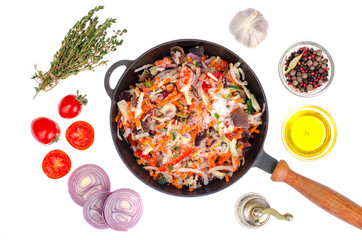 Frozen vegetables in apan, spices for cooking