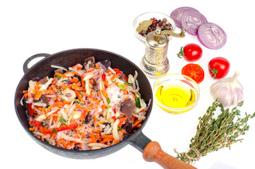 Frozen vegetables in apan, spices for cooking