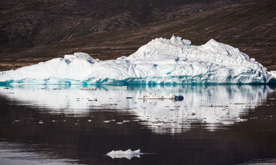 arctic landscape with icebergs among east Greenland  fjords