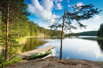 Beautiful canoeing scene at Tervajarvi lake from national park Repovesi, Kouvola, Finland - 241164786