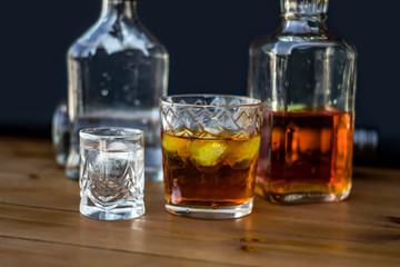 Alcoholic beverage close-up, wooden table