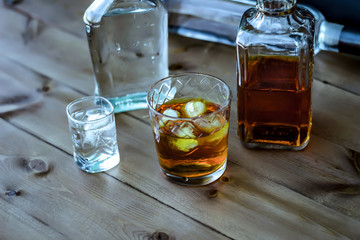 Alcoholic beverage close-up, wooden table