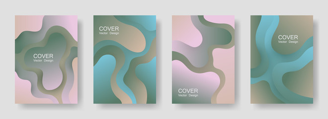 Gradient liquid shapes abstract covers vector collection. Trendy flyer backgrounds design. Flux paper cut effect blob elements backdrop, fluid wavy shapes texture print. Cover layouts.