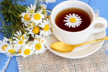 cup of herbal chamomile tea with fresh daisy flowers on wooden background. doctor treatment and prevention of immune concept, medicine - folk, alternative, complementary, traditional medicine 