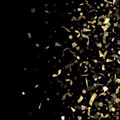 Fototapeta premium Holiday realistic gold confetti flying on black background.