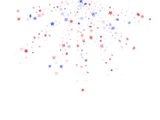 Flying red blue white star sparkles on white vector american patriotic background.