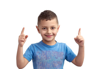 Emotions of a cheerful boy who is holding two fingers up isolated on white background