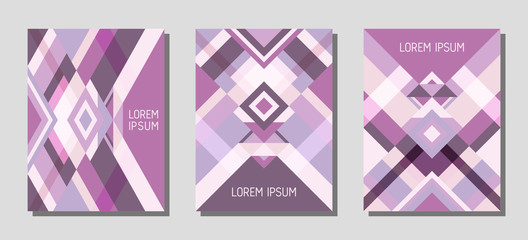 Cover page layout vector template geometric design with triangles and stripes pattern in violet, purple, pink.