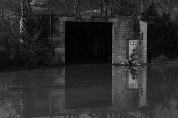flooded abandoned building- black and white