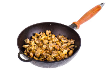 Cast iron pan, fried champignons with onions