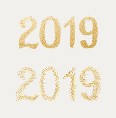 New Year 2019. Golden text with bright confetti