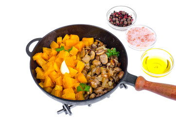 Vegetable dishes from mushrooms and pumpkin, vegetarian menu