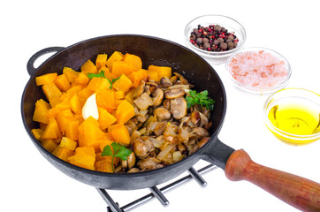 Vegetable dishes from mushrooms and pumpkin, vegetarian menu