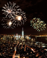 Fireworks over New York City skyscrapers