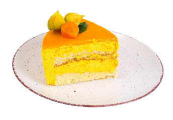Mango-creamy cake on white background