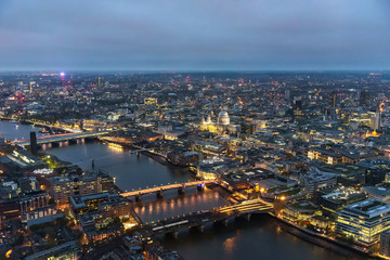 Fototapeta na wymiar Aerial view of river Thames in London at dusk