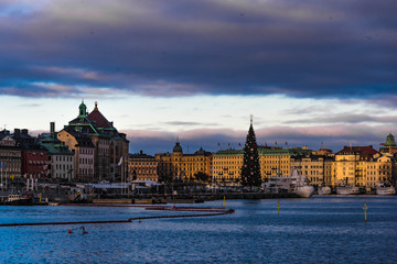 Fototapeta premium Stockholm abendlicher Blick auf Skeppsbron