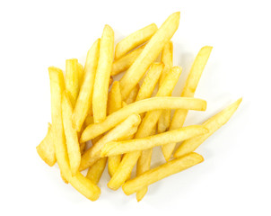 French Fries on white background, Top view with copy space for your text..