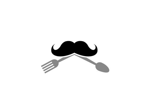 Cooker mustache with spoon and fork logo Design