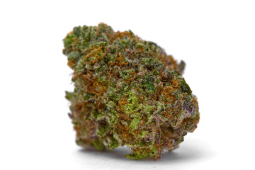 Close up of Kush OG  prescription medical marijuana and recreational weed hybrid strain sticky flower bud isolated on a white background