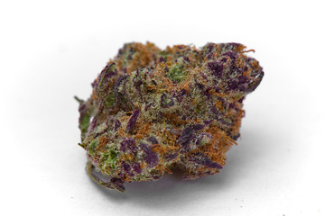 Close up of Kush OG  prescription medical marijuana and recreational weed hybrid strain sticky flower bud isolated on a white background