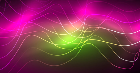 Abstract shiny glowinng color wave design element on dark background - science or technology concept