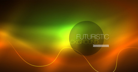 Abstract shiny glowinng color wave design element on dark background - science or technology concept