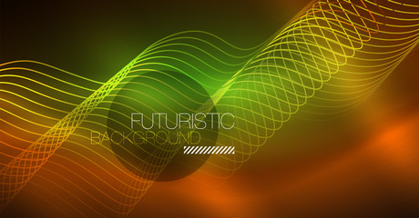 Abstract shiny glowinng color wave design element on dark background - science or technology concept