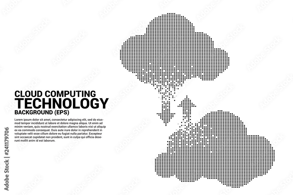 Poster Cloud computing network technology pixel graphic style. Concept of cloud server, Storage and data transformation.
