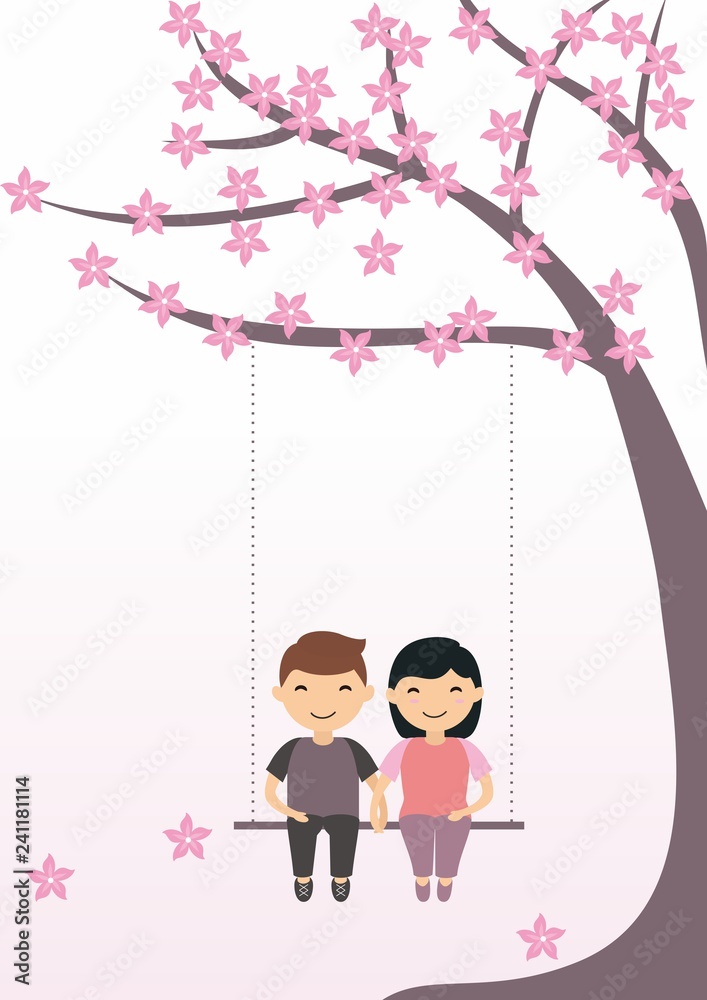 Wall mural Romantic couple sitting under cherry blossom tree