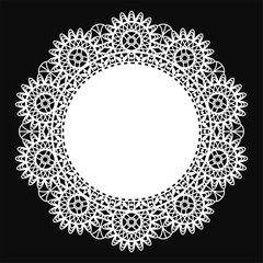 White Lace Doily - Beautiful vintage style white lace doily with copy space isolated on black background - obrazy, fototapety, plakaty