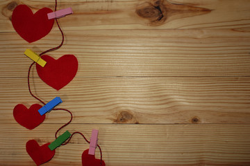 Red hearts on the wooden background, brown wood, valentine concept, Wedding card