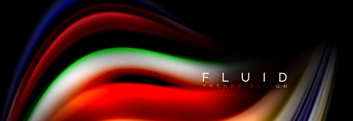 Bright colorful liquid fluid lines on black, modern abstract background