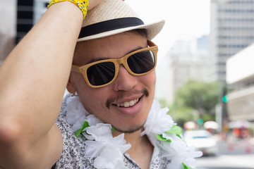 Carnaval party. Brazilian in costume in the city Carnival. Celebrating in parade festival.