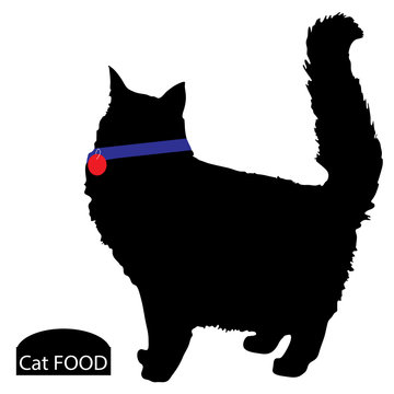 Animal-Fluffy Cat Silhouette with a Food Bowl