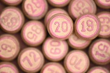 Barrels with numbers for playing lotto.New Year 2019.Merry Christmas