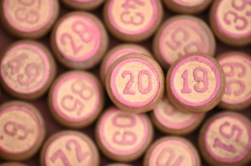 Barrels with numbers for playing lotto.New Year 2019.Merry Christmas