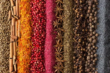 Tuinposter Spices and herbs background. Different seasonings are scattered in stripes color. © dmitr1ch