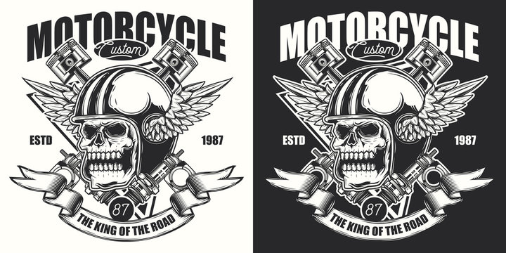 Original vector illustration. Skull in motorcycle helmet with wings, and with ribbon. Emblem on a dark and white background.