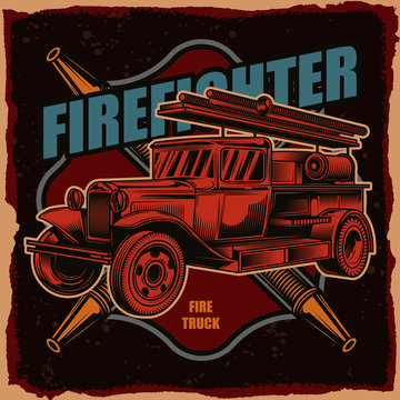 Vector logo of a fire truck on a dark background. Illustration for print, logo or t-shirt.
