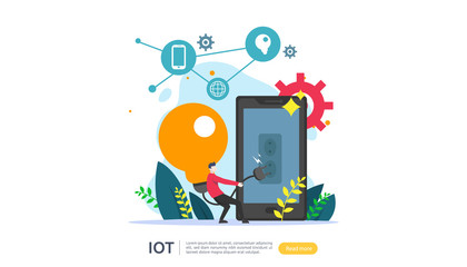 IOT smart house monitoring concept for industrial 4.0. bulb light remote technology on smartphone screen app of internet of things. web landing page template, banner, print media. Vector illustration