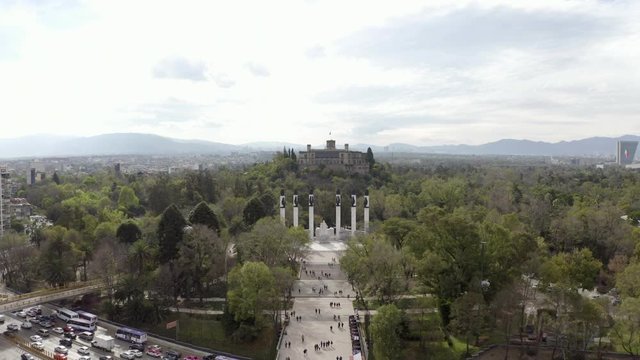 Mexico City Chapultepec Park Unique Forward Moving 4k Aerial Drone of Ni&ntilde;os H&eacute;roes Statues and Castle Surrounded by Thick Forest in Dense Urban City